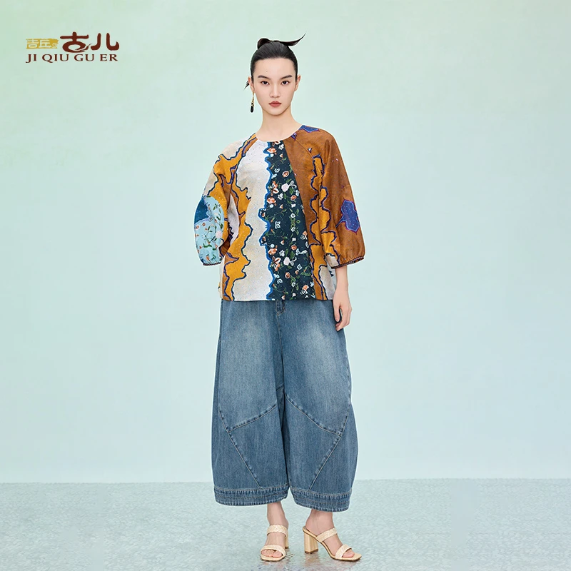 吉丘古儿斑斓纪衬衫丝绵混纺T恤中式复古宽松上衣薄款夏G252Y031