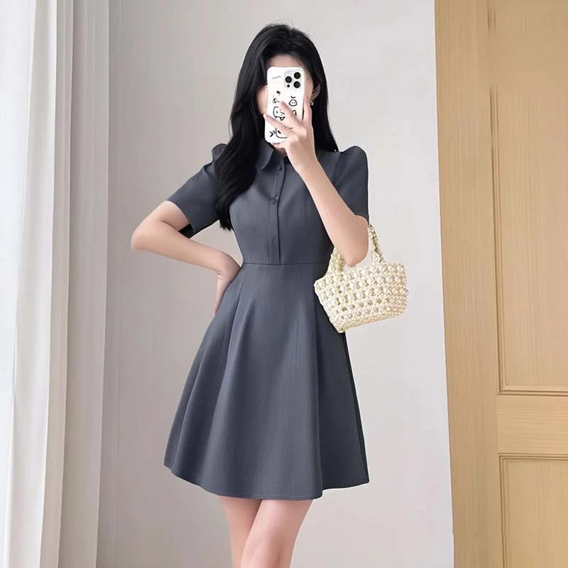 韩系学院风POLO领连衣裙女春夏设计感高定百褶衬衫连衣裙D1398