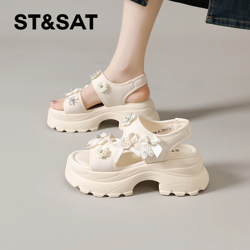 星期六露趾凉鞋女2025夏季新款网红水钻厚底沙滩鞋外穿时装罗马鞋