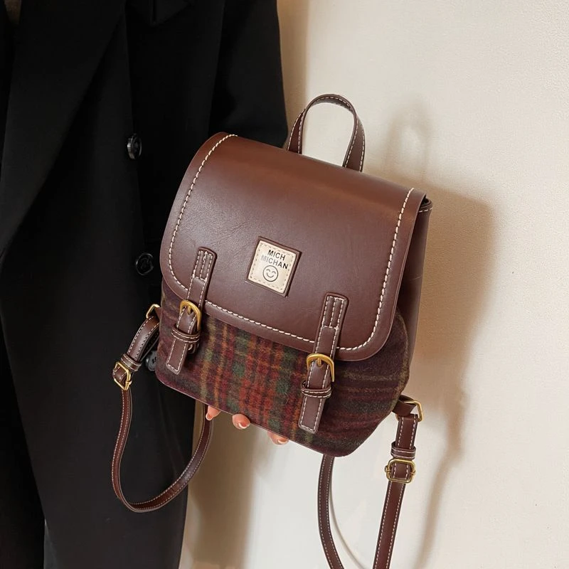 秋冬呢子包包女2025新款双肩包时尚格子手提书包大学生流行小背包