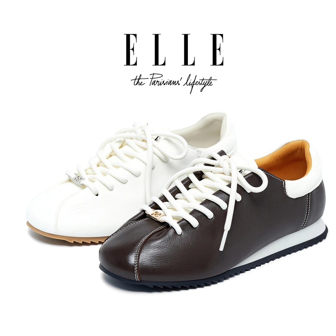 ELLE美拉德棕色德训鞋女2025新款真皮芭蕾舞鞋薄底复古运动休闲鞋