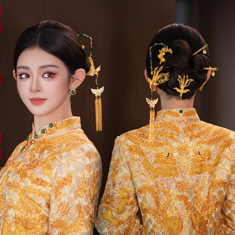 合金婚庆饰品 新款金色新式简约古风发簪龙凤褂秀禾旗袍发饰MT044