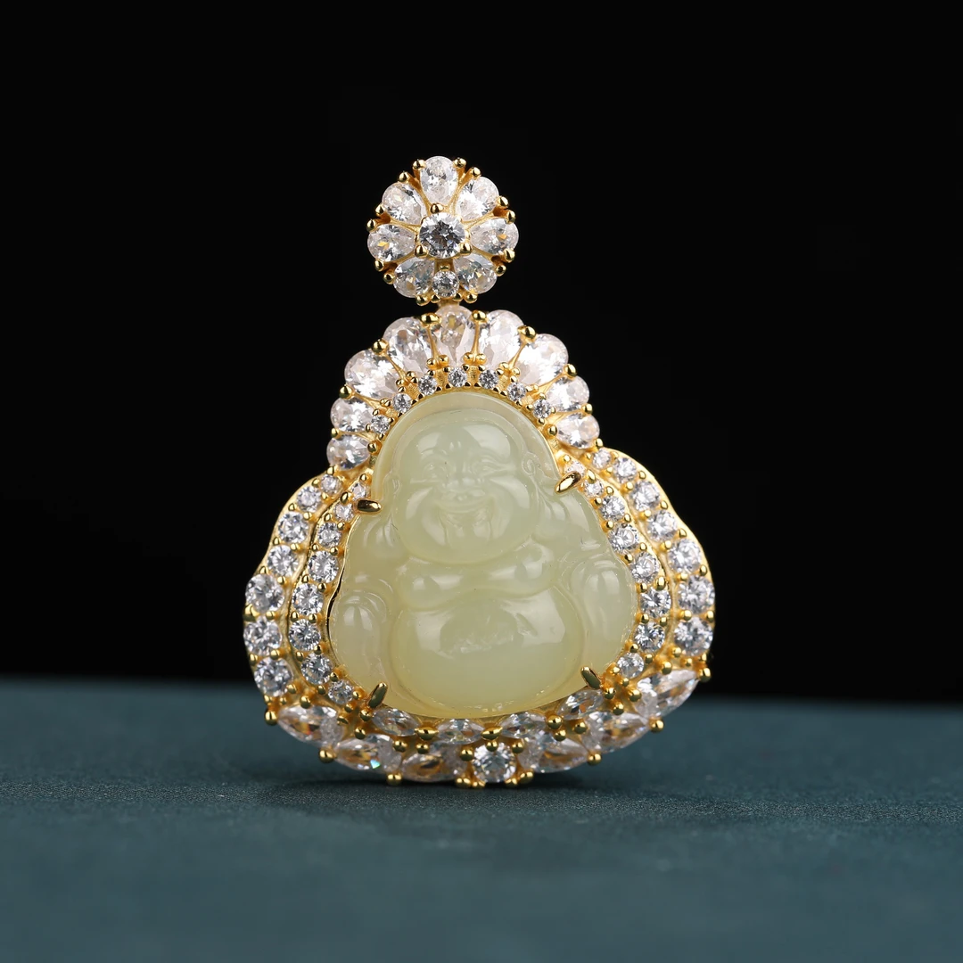 预售新疆和田玉甘黄S925银镶嵌佛公RB240708尺寸约17*17mm