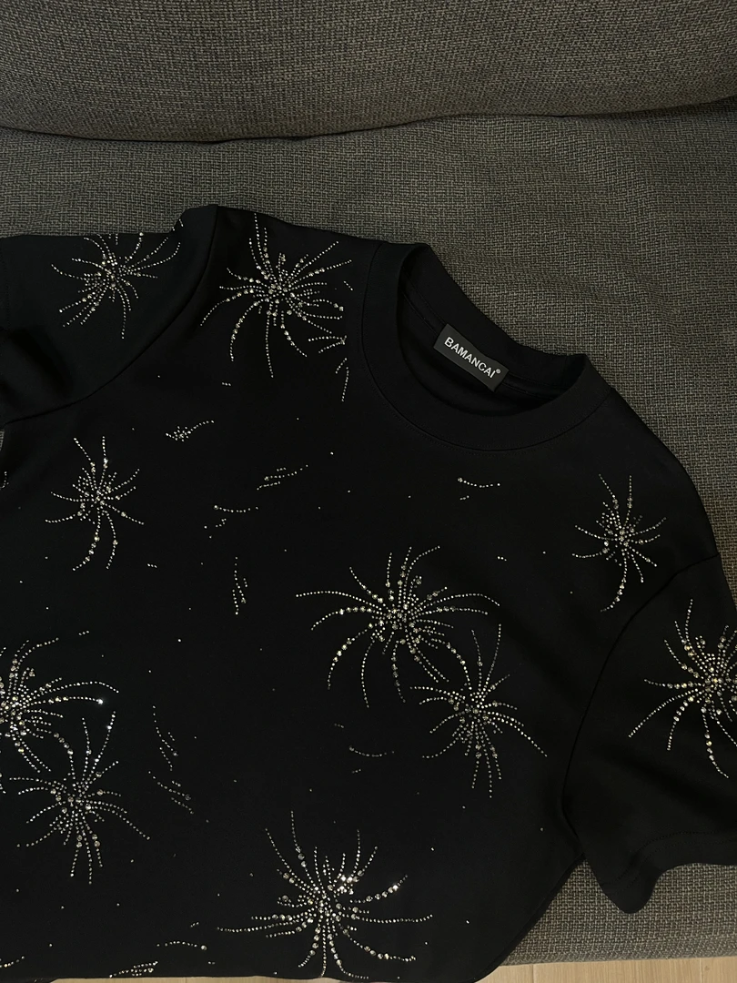 Bamancai-设计感重工镶钻烟花绽放上衣显瘦休闲百搭少女短袖女T恤