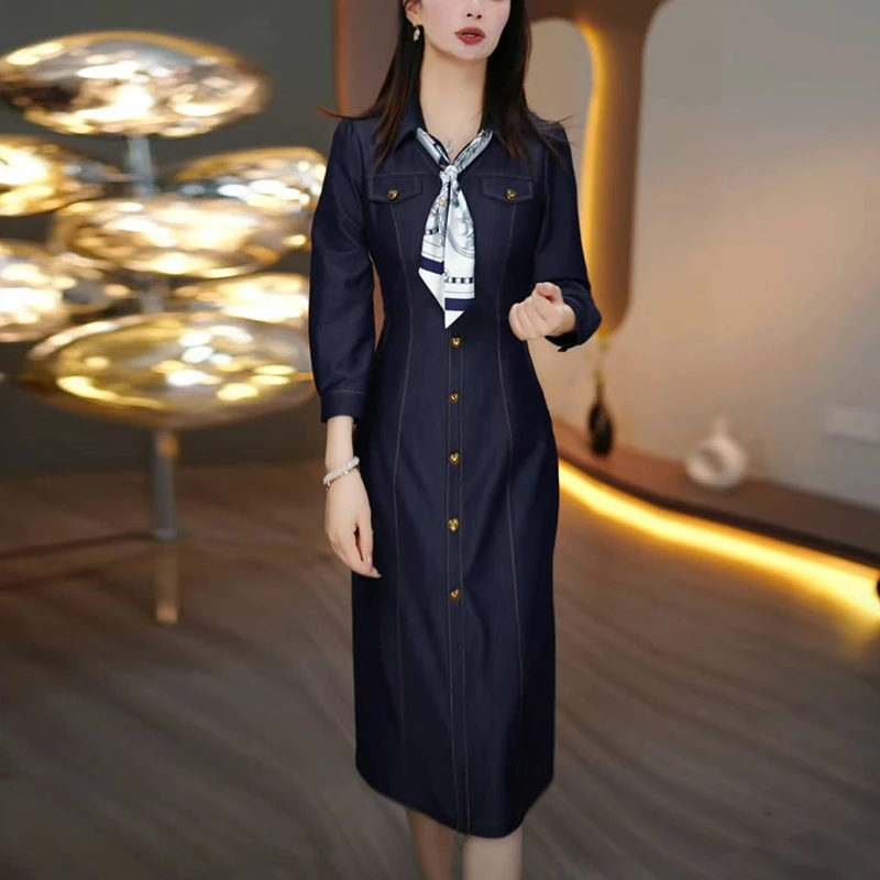 轻奢牛仔连衣裙春款2025新款爆款洋气休闲中长款收腰显瘦气质裙子