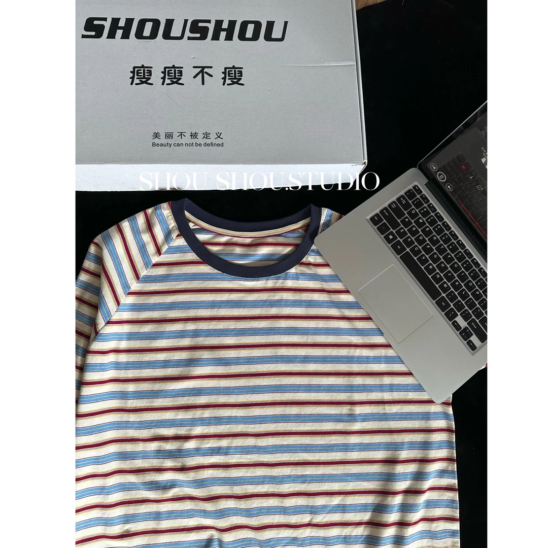 【瘦瘦】大码撞色条纹对条插肩袖显瘦百搭宽松休闲长袖S01940