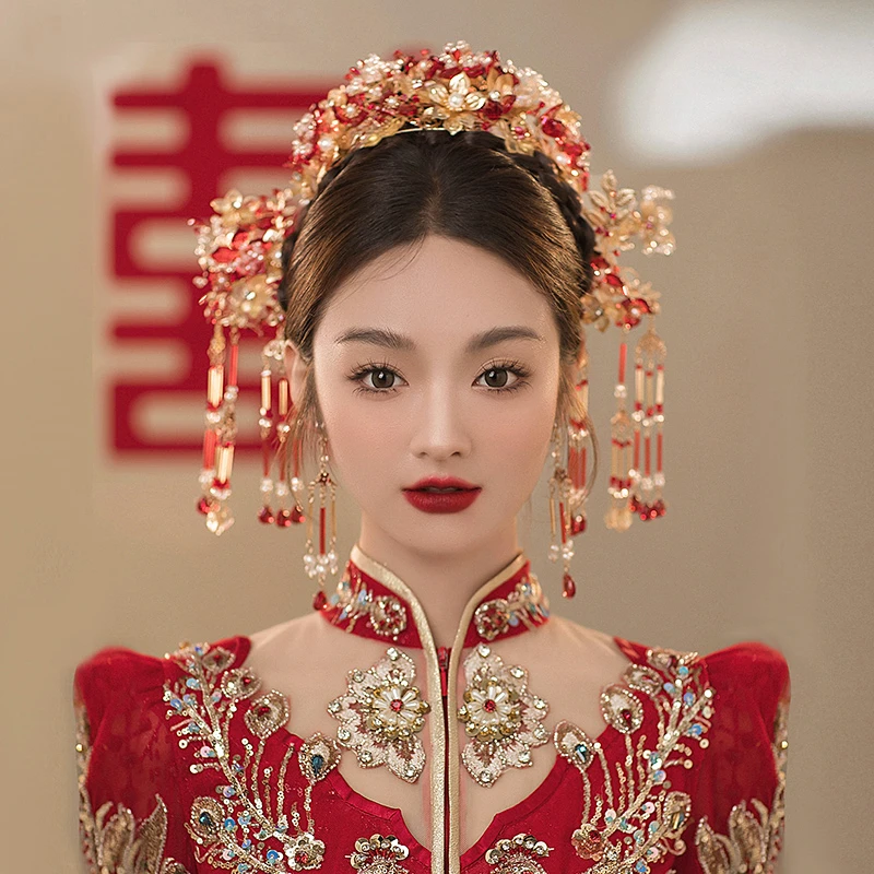 GZ842凤冠结婚头饰中式新娘秀禾服龙凤褂金红色后压发饰古典婚礼