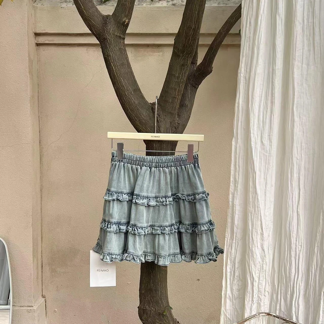 【赵小小yimao】甜美减龄木耳边牛仔高腰A字蛋糕半身裙蕾丝25180-1