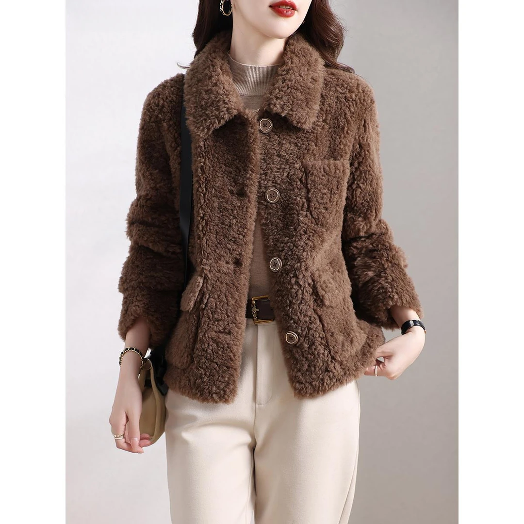 高端海宁颗粒绒皮草外套女装短款一体保暖加厚简约韩版羊毛上衣冬