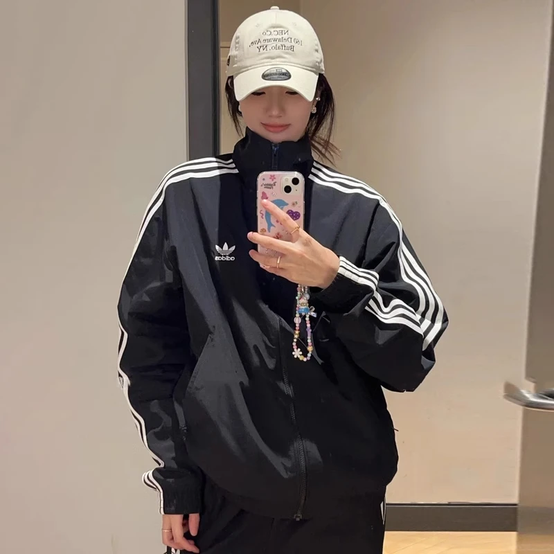 阿迪达斯三叶草黑色防风衣夹克男装新款宽松休闲立领外套KB2466