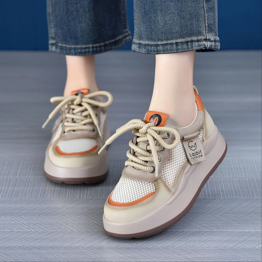 5558祥夏季时尚透气厚底平底休闲鞋牛皮网面舒适百搭圆头老爹鞋女