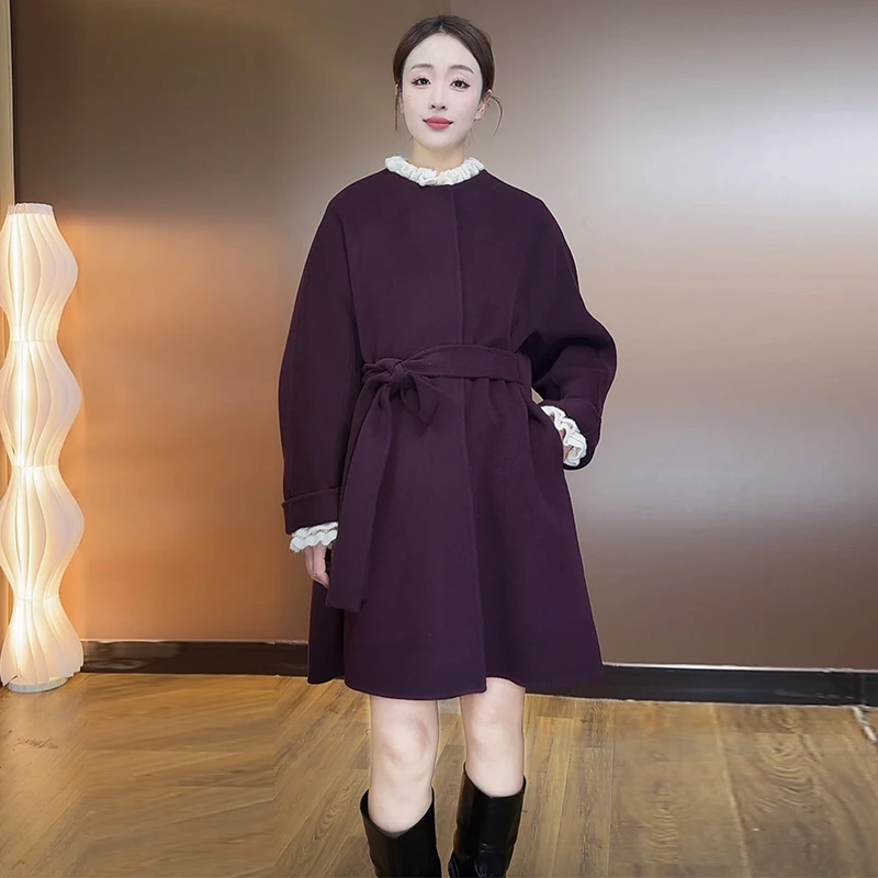 毛呢外套大衣厚款秋冬拼接女装气质中长款显瘦圆领羊绒大衣洋气