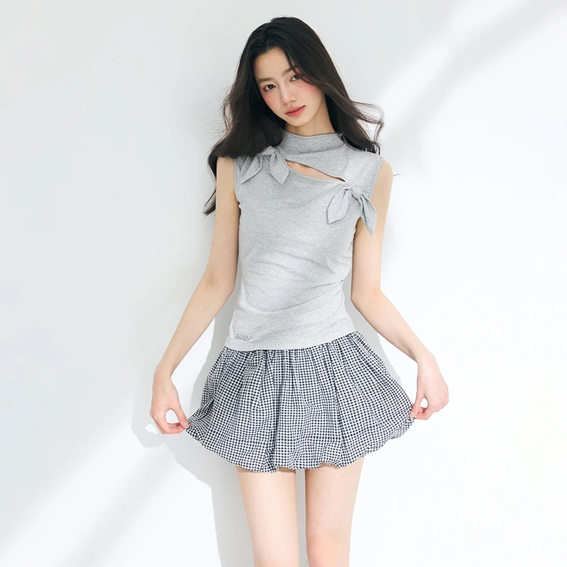 Luamoss 「松弛夏日」小高领无袖灰色分割显瘦百搭蝴蝶结背心上衣