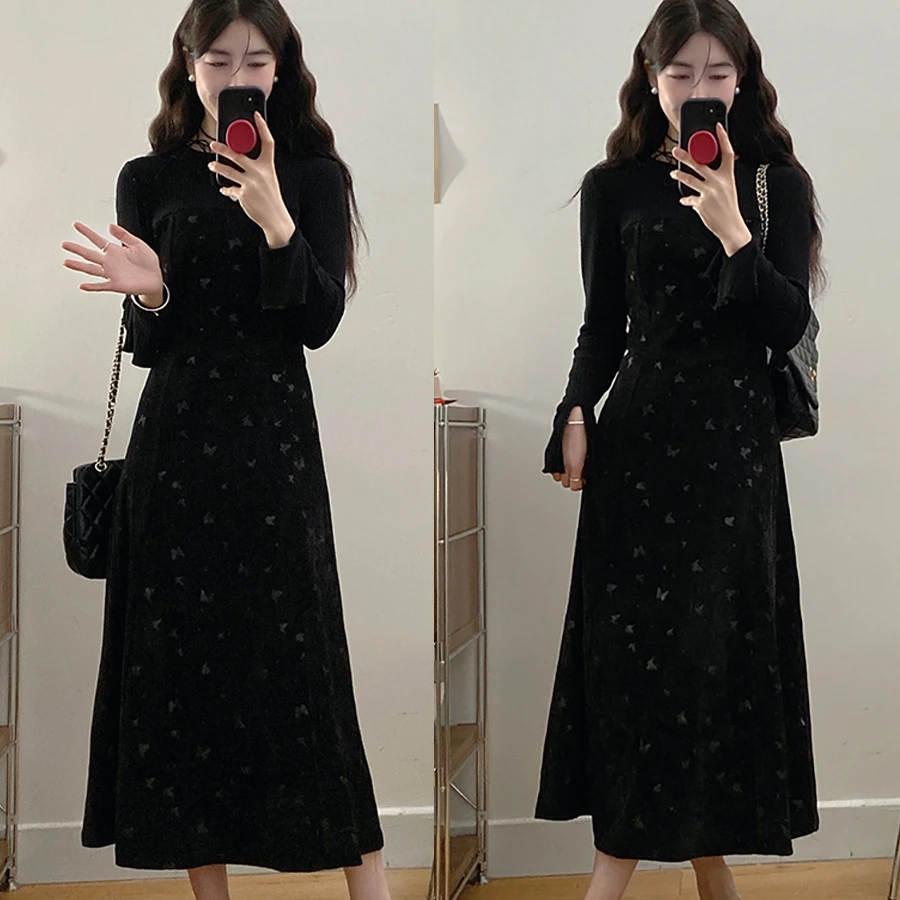 大码胖mm秋季女装新款赫本风黑色圆领长袖连衣裙收腰显瘦A字裙子