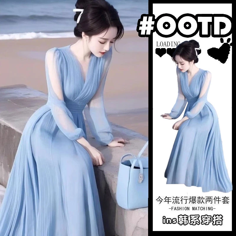 春季风情万种女神范气质高级感沙滩海边度假温柔风蓝色雪纺连衣裙
