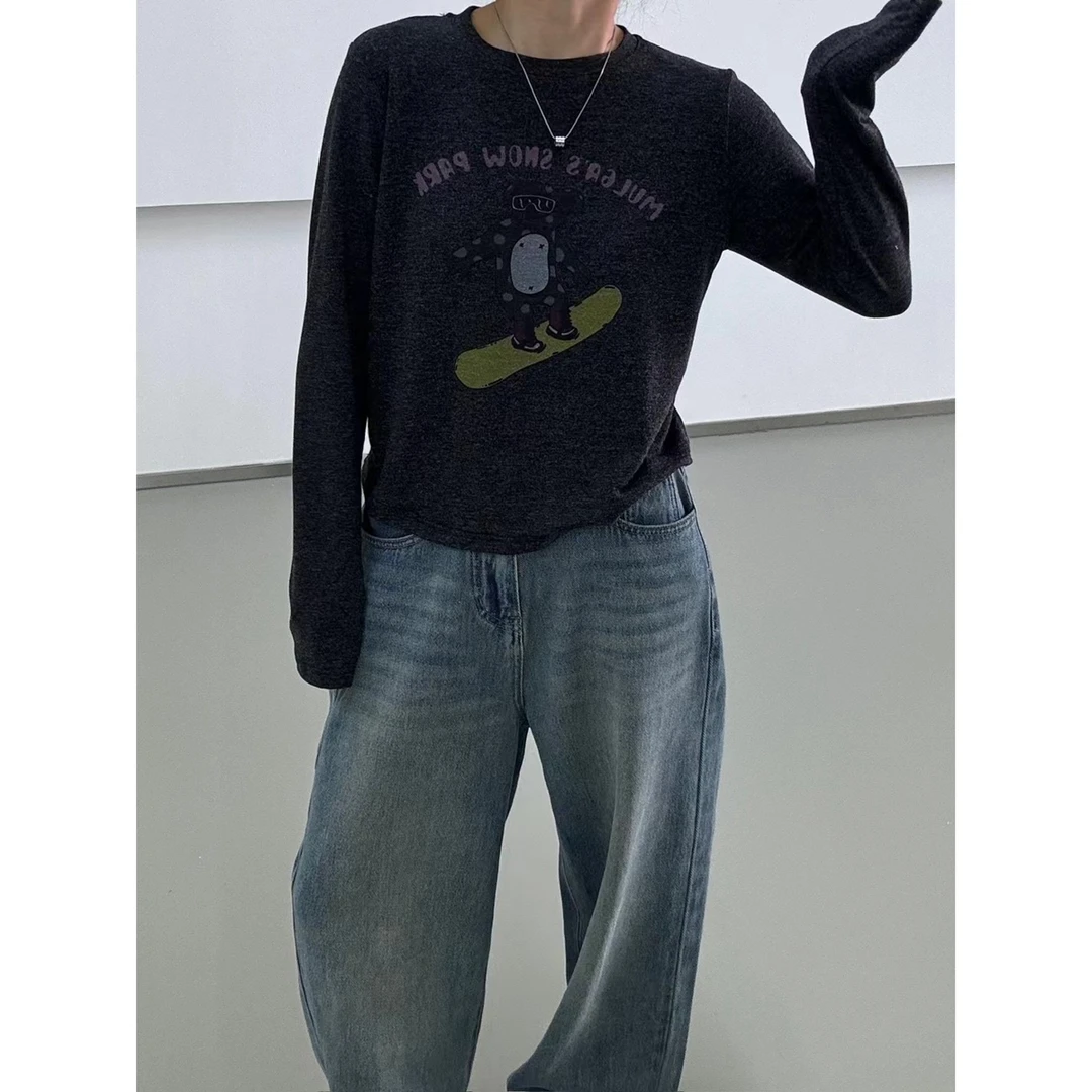 清 6518 春款趣味圆领宽松字母小熊印花长袖T恤女显瘦减龄打底衫