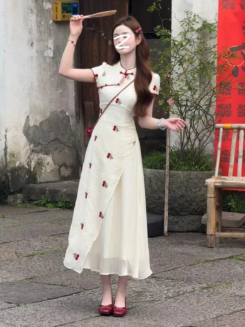 620-4#【樱桃】新中式重工樱桃刺绣拼接不规则假两件旗袍连衣裙