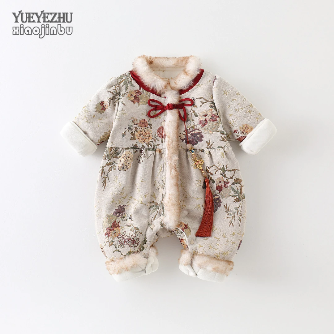 新中式婴儿衣服秋冬加绒夹棉女宝宝国风连体衣冬季百天周岁拜年服