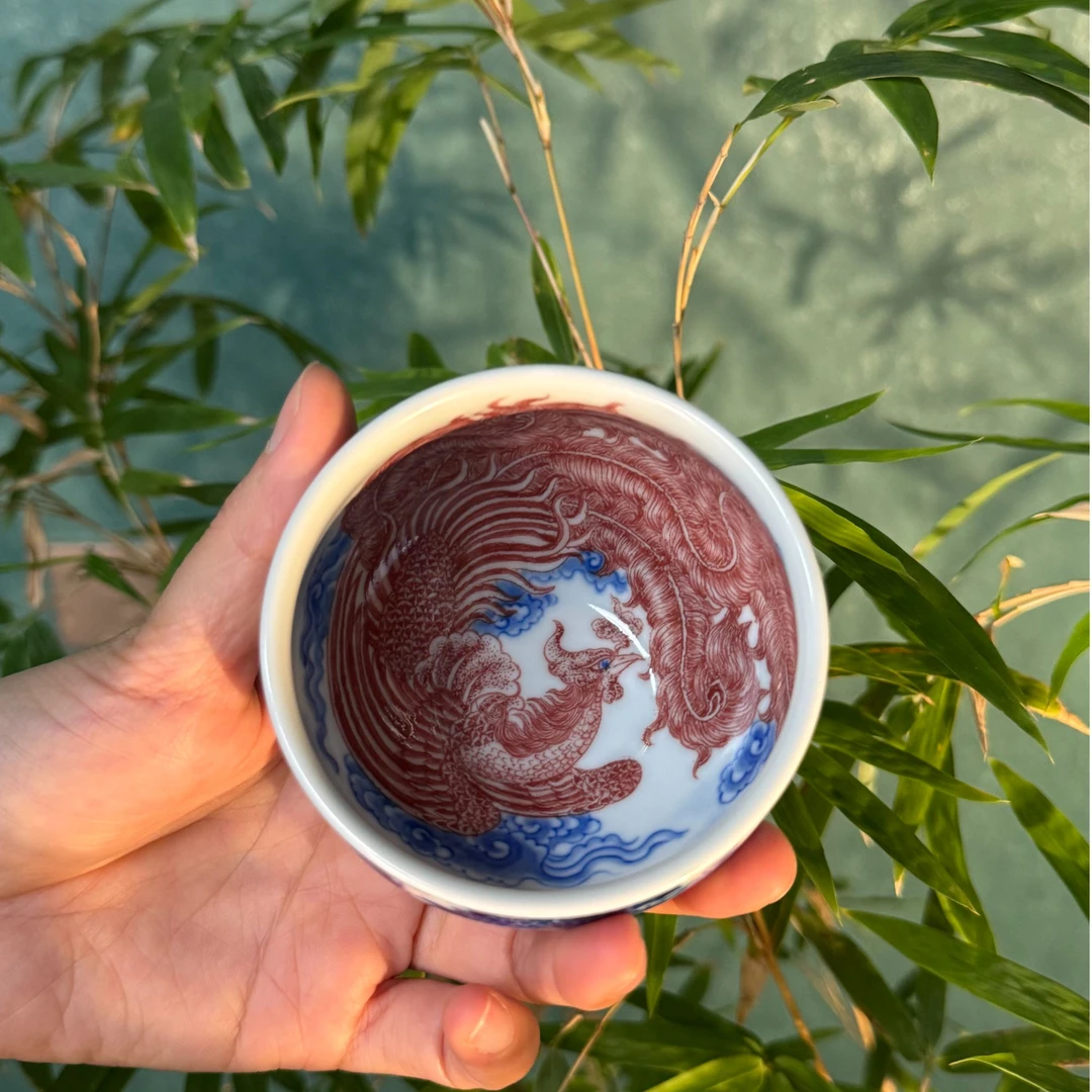 自成堂青花釉里红龙凤缸杯
