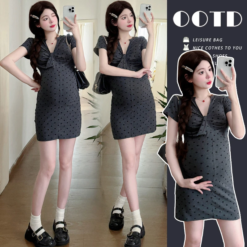 时髦孕妇装夏季法式波点扭结短袖显瘦气质小个子洋气时尚款连衣裙