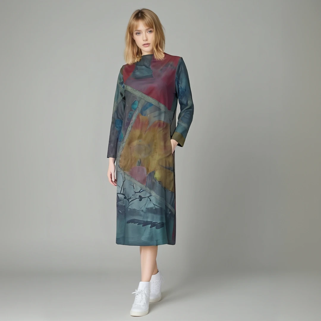 外贸清仓连衣裙中长款空调裙打底裙春夏七分袖时尚百搭高弹半高领