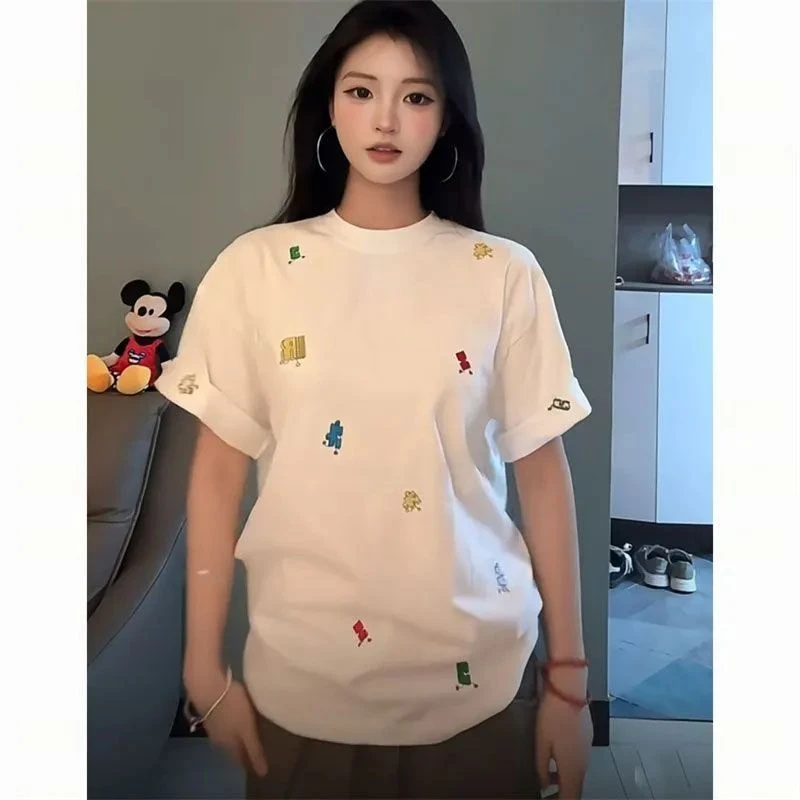 美式潮牌拼图刺绣设计感短袖t恤女夏季宽松小众情侣高街纯棉上衣