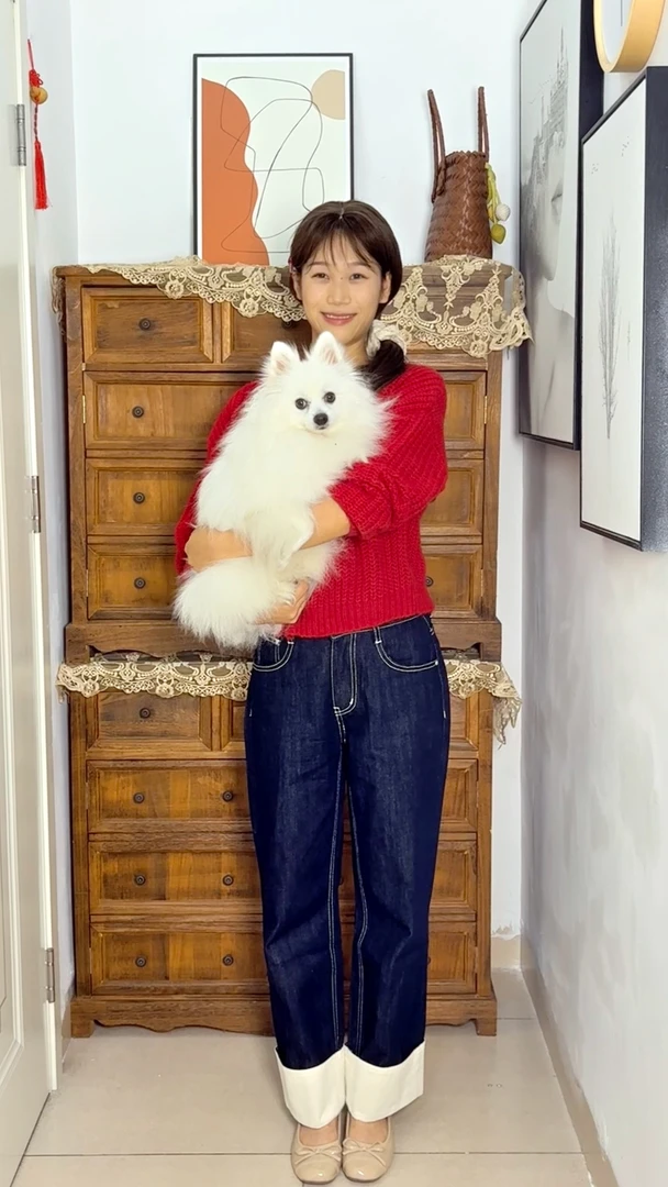 深蓝色美式复古牛仔裤宽松直筒长裤女