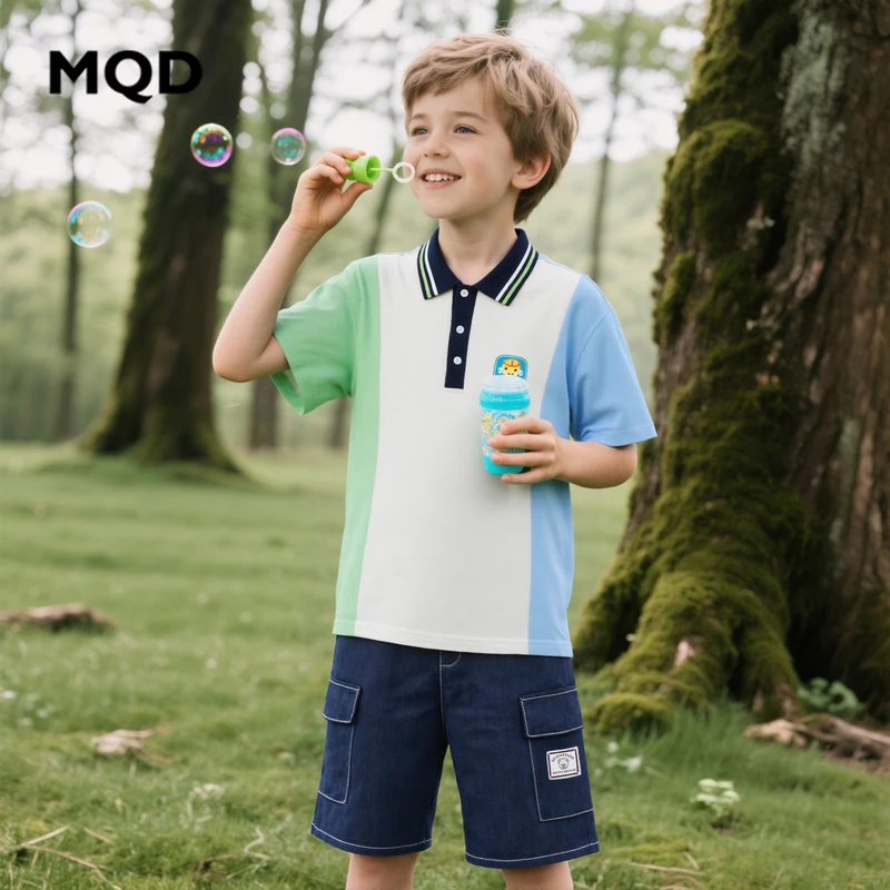 MQD童装男大童25夏季撞色休闲运动翻领短袖POLO衫RJ25210401