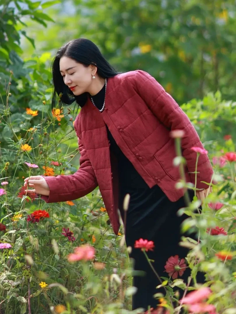 【动京城】穗成行高端进口色织亚麻纯手工加棉加厚显瘦保暖棉服上衣