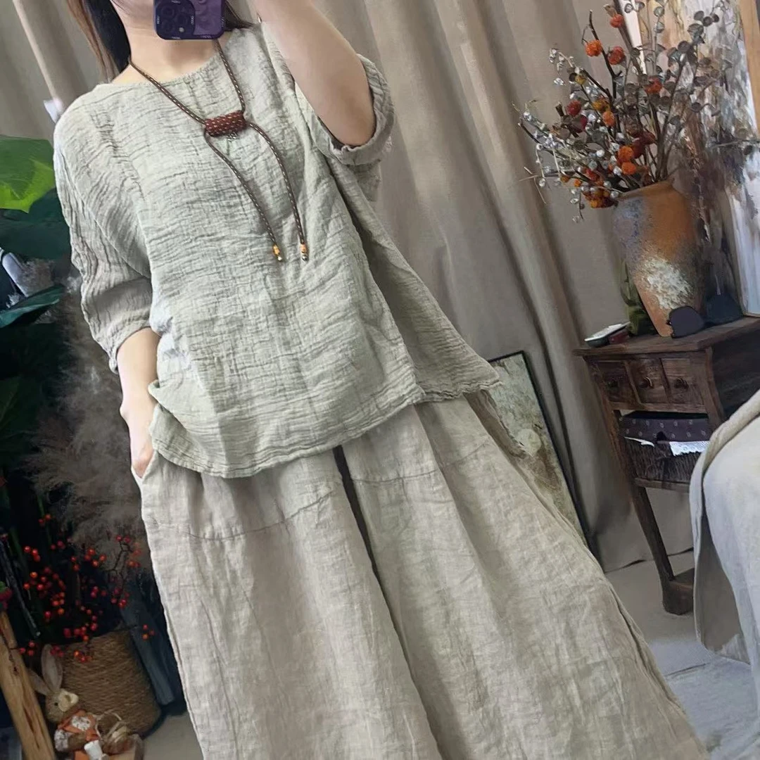 （忆南）5214高订款皱麻上衣（衣长前60后70胸围130）