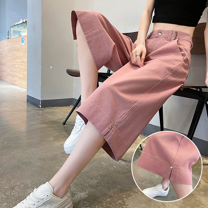 粉色六分阔腿牛仔短裤女夏季薄高腰显瘦直筒开叉宽松休闲过膝中裤