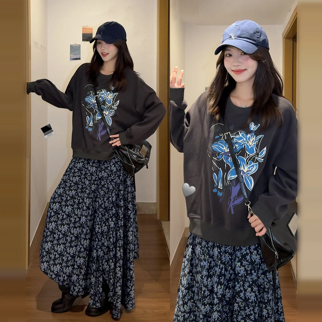 卫衣外套吊带碎花连衣裙子女早秋季2025新款韩系穿搭一整套装长裙