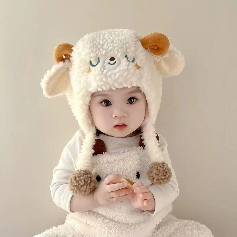 宝宝帽子秋冬男童女孩幼儿护耳帽可爱小羊婴儿套头帽毛绒新款冬帽