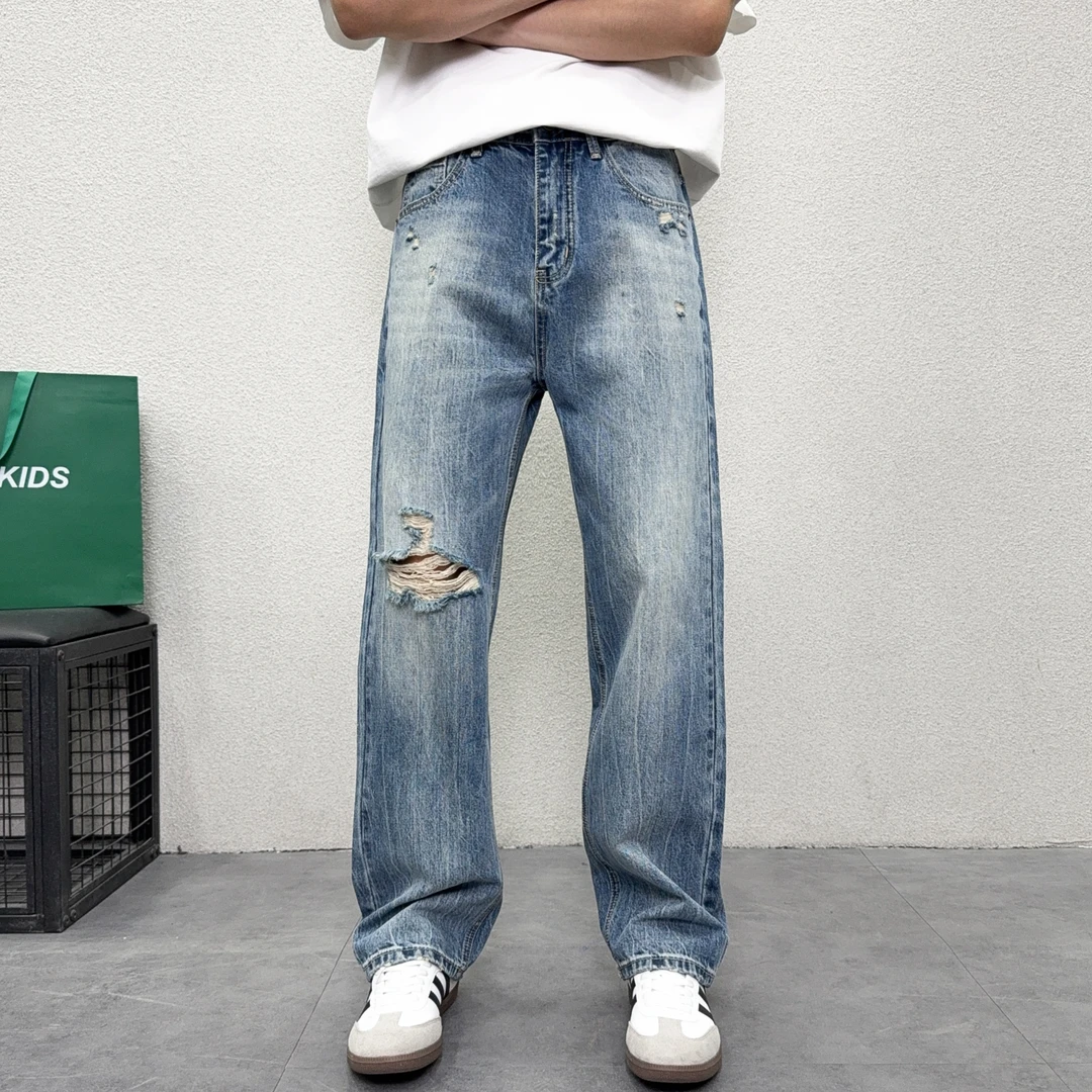 美式水洗蓝色破洞牛仔裤男秋季潮牌宽松痞帅直筒裤vibe阔腿乞丐裤