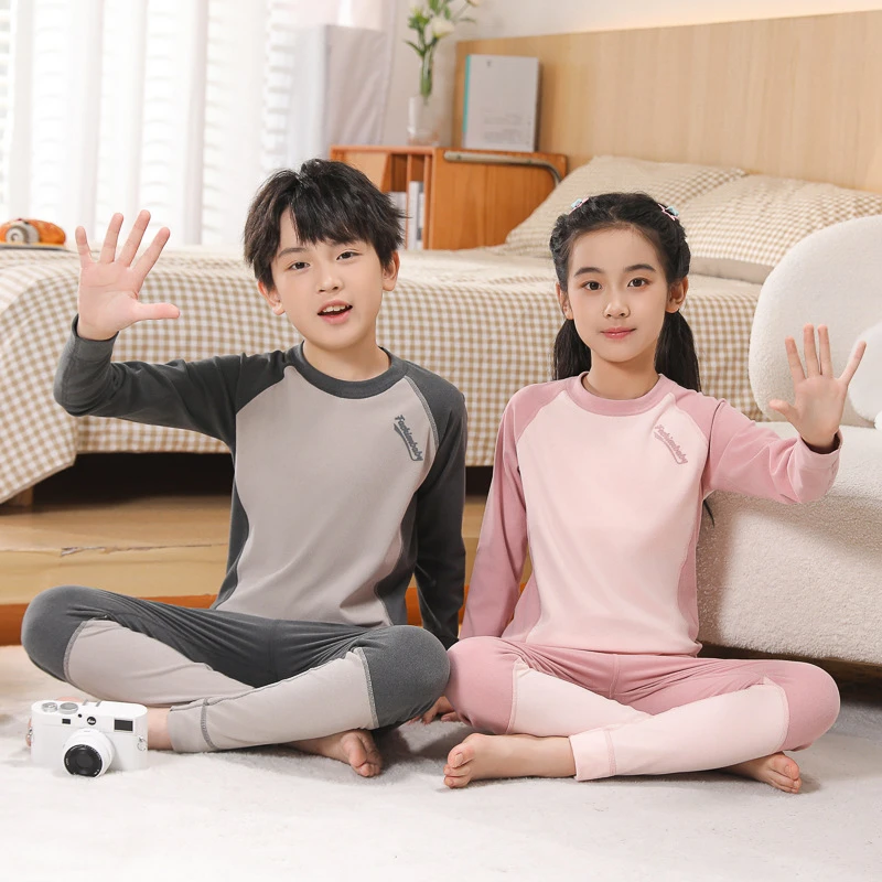 2025秋冬儿童保暖内衣套装男童拼接秋衣秋裤中大童睡衣女童家居服