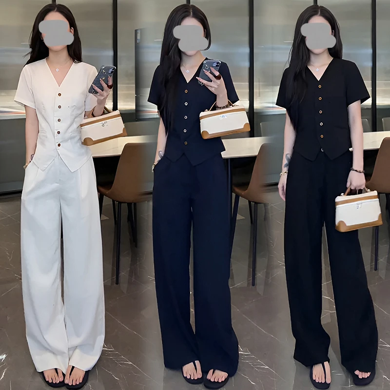 夏季新款今年流行时尚小香风气质职业短袖上衣休闲阔腿裤两件套装