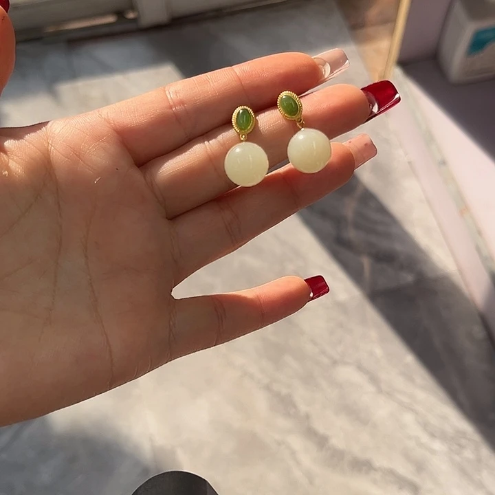 飘***雪和田玉银S925镶嵌耳饰和田玉耳环