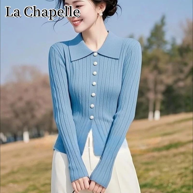 拉夏贝尔秋季韩系polo领小香风绝美毛衣通勤百搭高级显瘦针织开衫