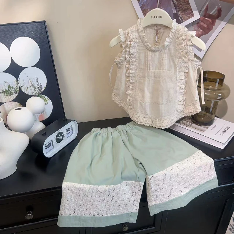 【夏款清仓no退no还】薄荷曼波女童新款纯色花边上衣阔腿裤套装0409