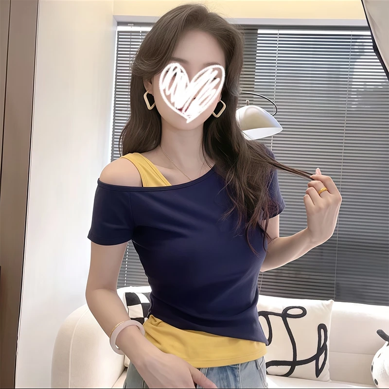 艺等韩系拼色斜肩短袖T恤女时尚设计感显瘦百搭减龄假两件上衣