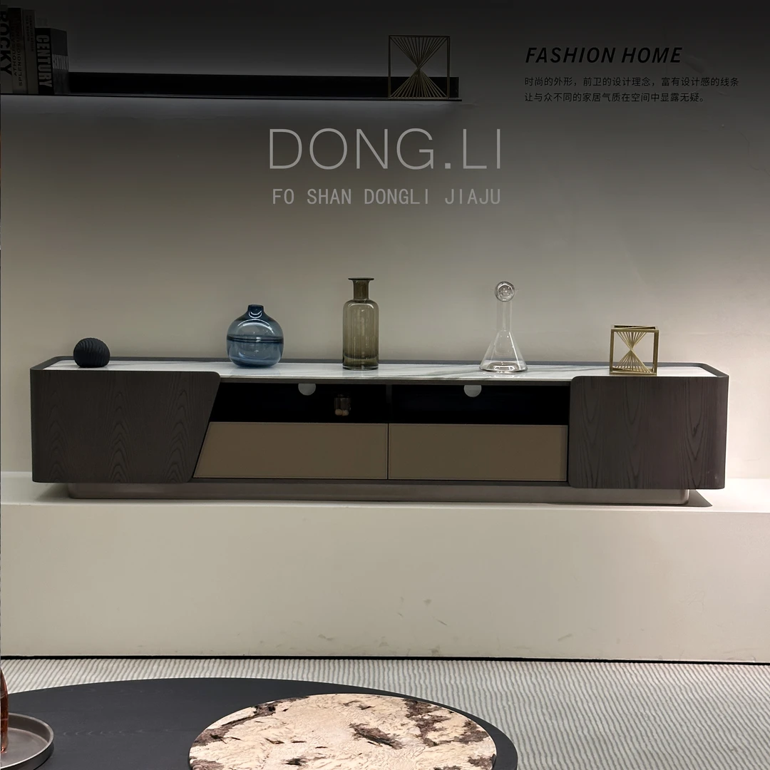 【熊猫白电视柜】意式极简大理石客厅电视柜马鞍皮地柜储物柜