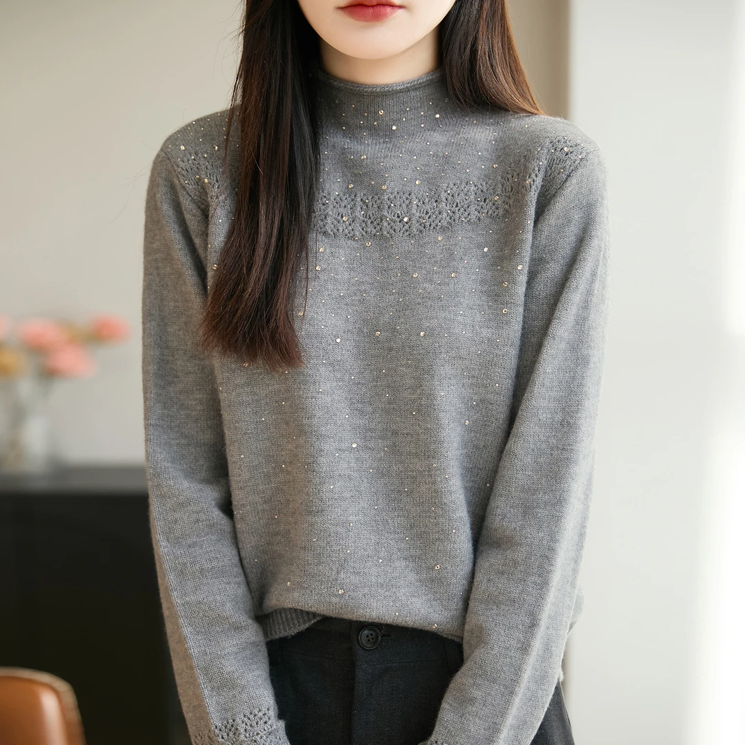 微胖mm秋冬大码半高领女士毛衣遮肚子蕾丝花边上衣内搭针织打底衫