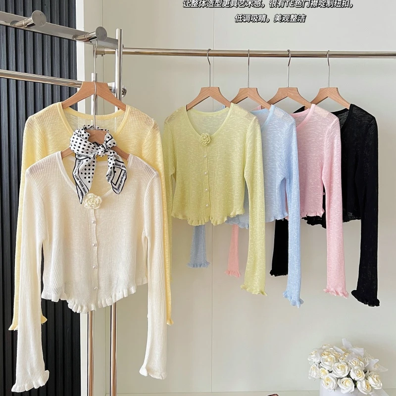 林夏夏多件入！轻盈纸片人新款•花扣小披肩防晒竹节麻针织开衫