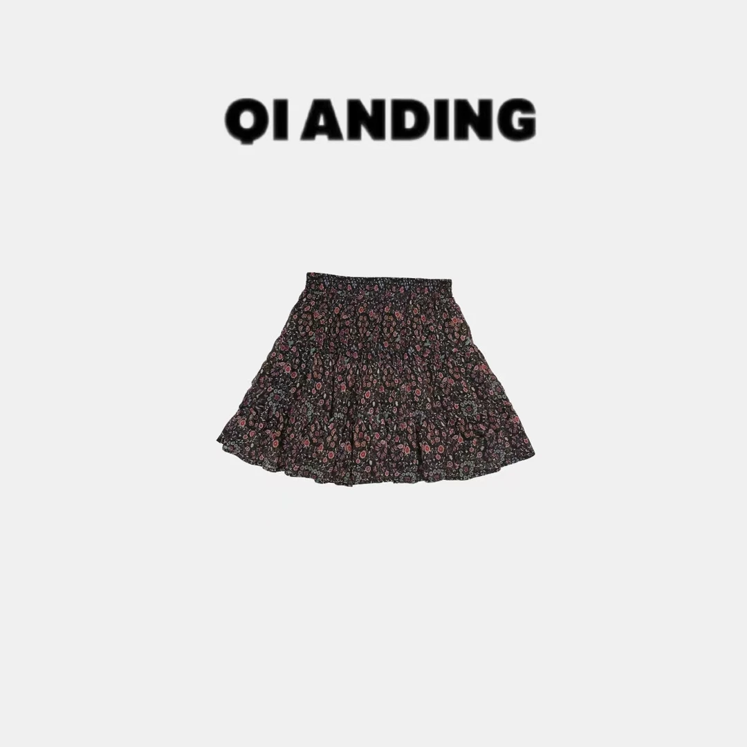 【QIANDING】2025新款高腰显瘦蛋糕半裙荷叶边短裙25601