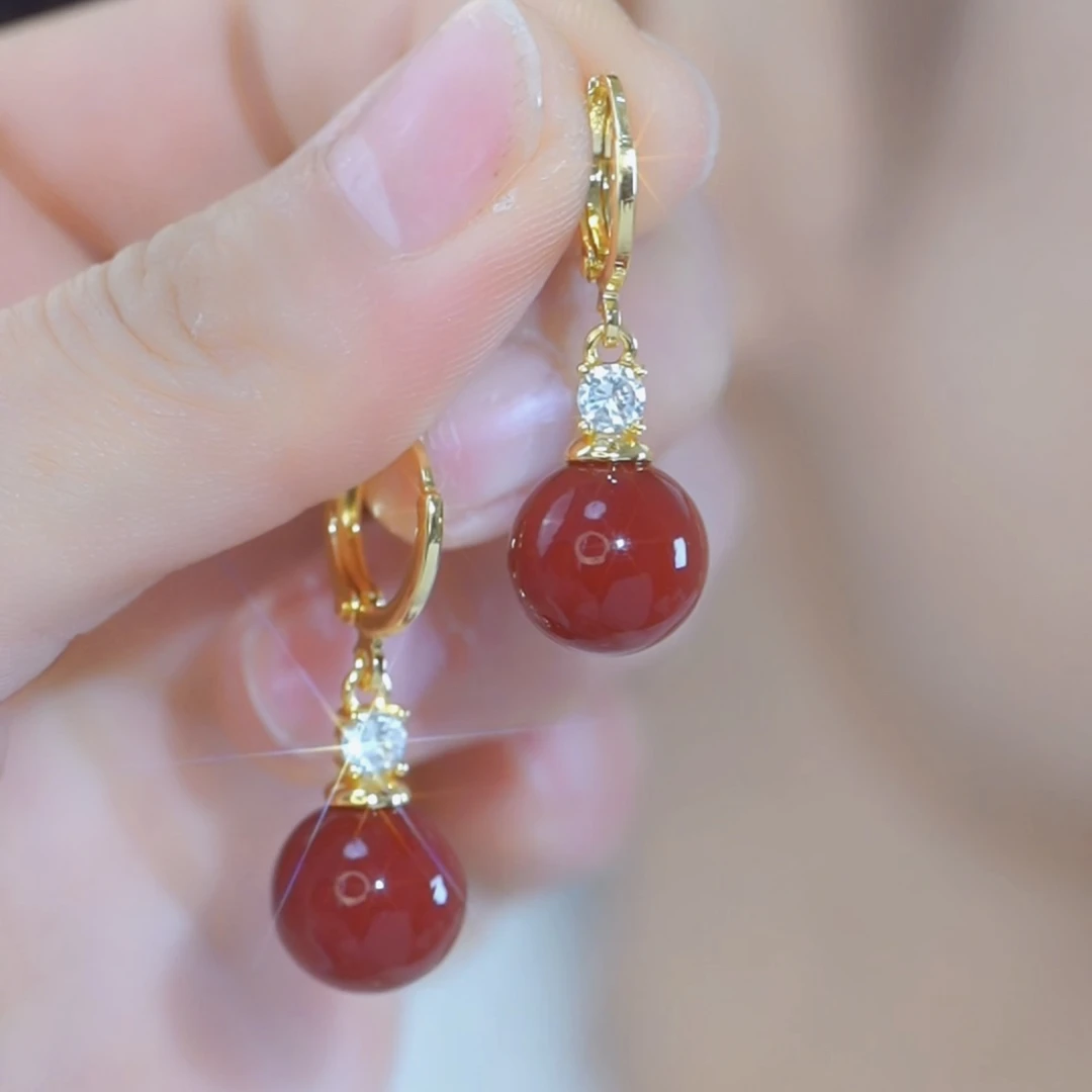 铜合金合成锆石耳饰 【】小众百搭耳扣红色仿珍珠流苏耳环