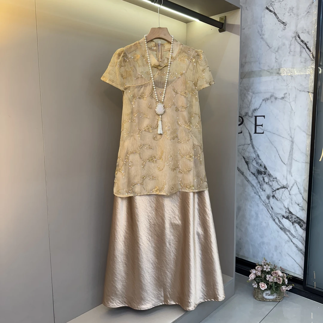 新款2025气质新中式盘扣时尚短袖+吊带连衣裙显瘦洋气两件套9776