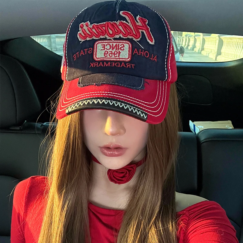 美式复古做旧牛仔红色棒球帽女2025年春新款大头围显脸小鸭舌帽子