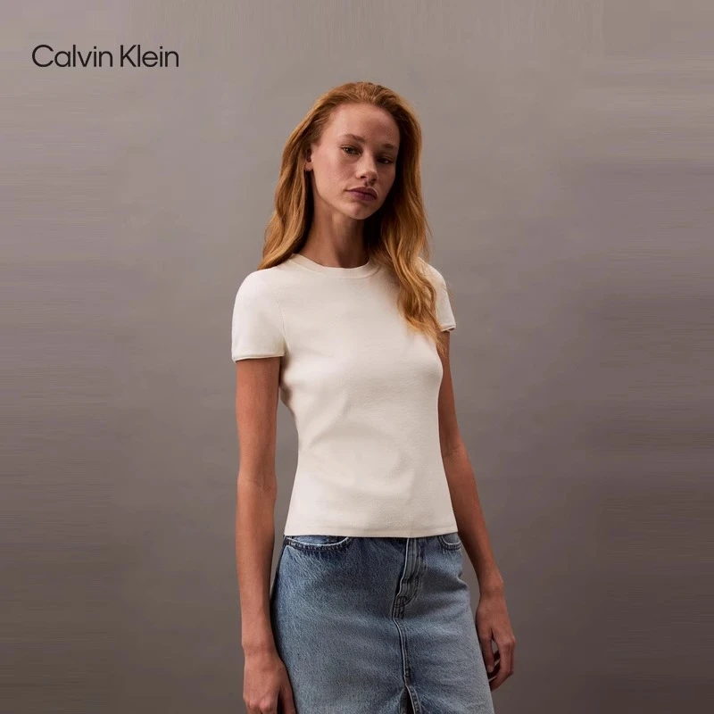 CK Jeans25春秋女士纯色气质休闲小飞袖内搭圆领针织T恤