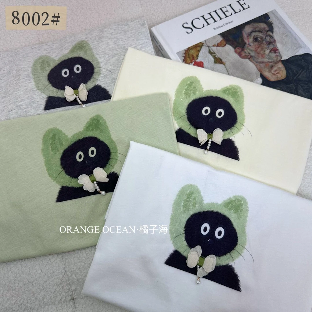 8002卡通宽松型落肩袖短袖猫咪T恤加厚韩版肯豆风