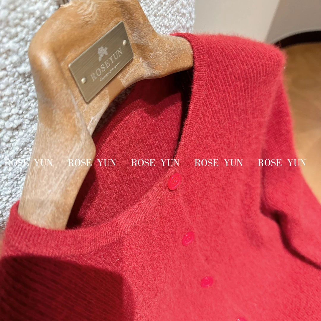【Rose Yun】雪国红茶 鸵鸟毛拼接绵羊毛开衫  2412056